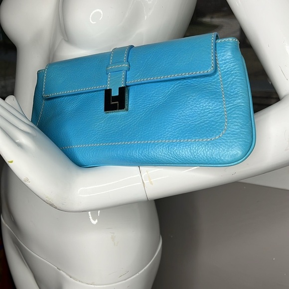 Lambertson Truex Teal Blue 11” Leather Clutch Bag - Picture 2 of 12